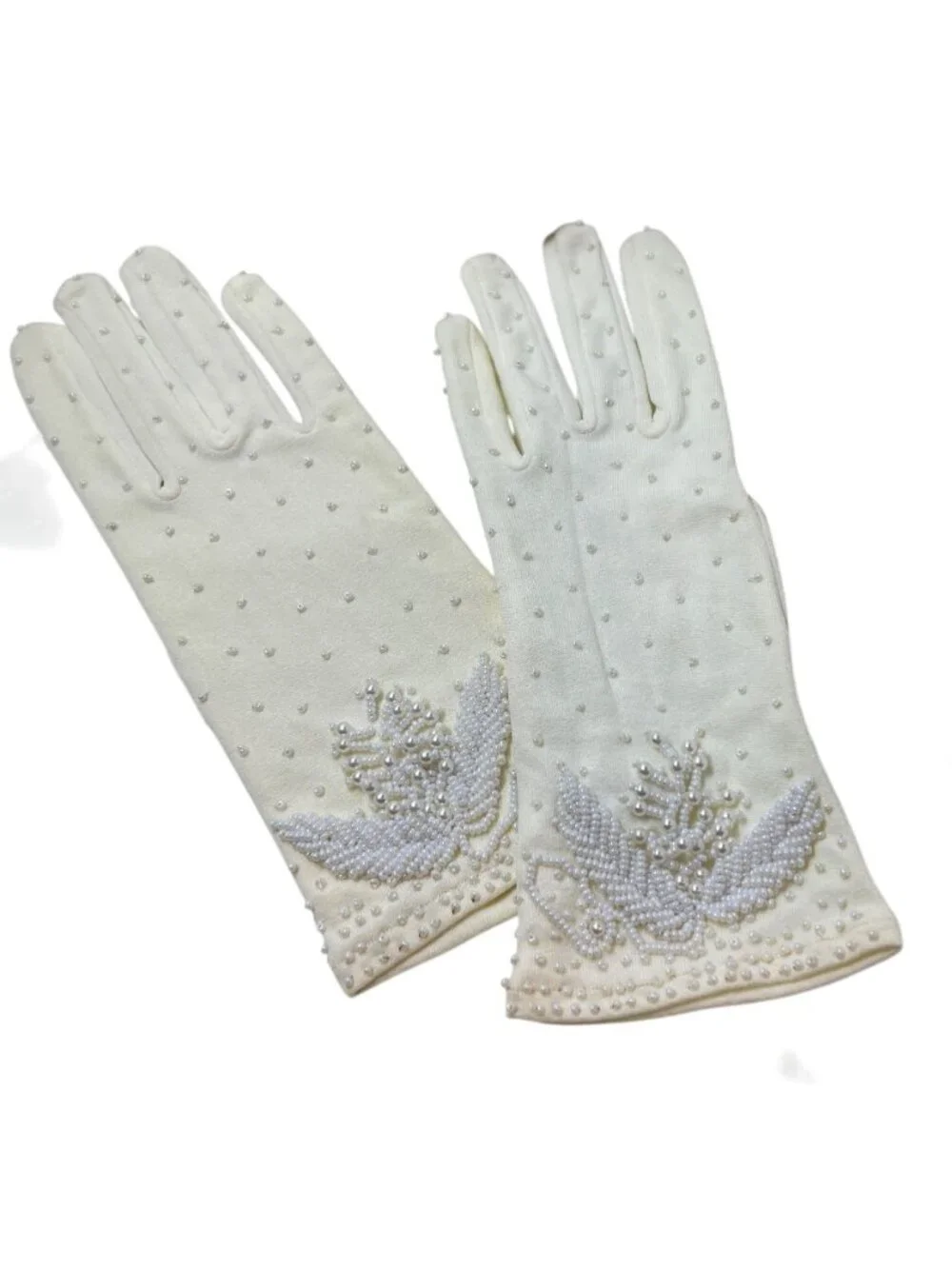 Vintage White Nylon Gloves Beaded Stretch Pearl Embellished Design One Size Made